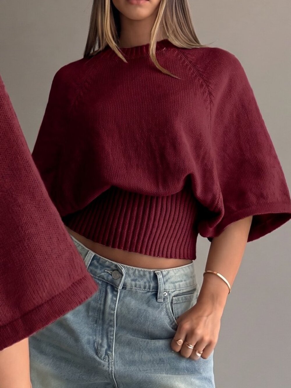 Burgundy Casual Women's Round Neck Batwing Sleeve Slim Fit Short Pullover
